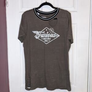 Fast & Furious By Affliction Women's Black Collar Brown Distressed Tee Shirt XL